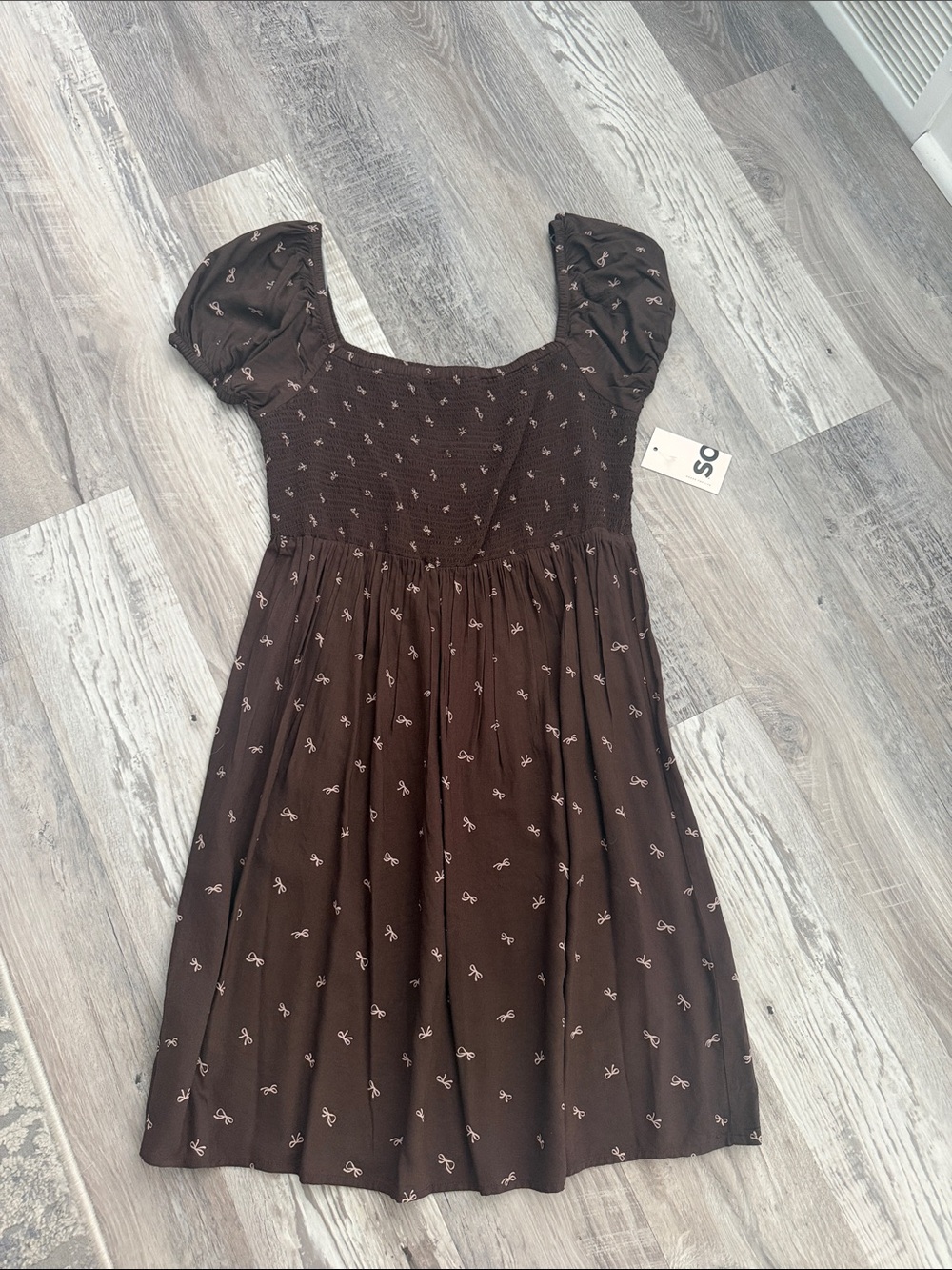 SO Brown Puff-Sleeve Smocked Dress with Tiny Pink Bow Motif NWT
